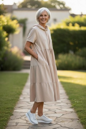 Beige hettekjole i lin og bomull