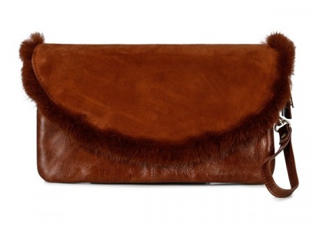 Cognac skinnveske med pelskant