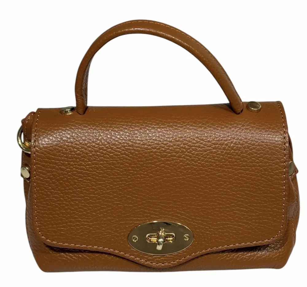 Liten skinnveske i cognac med vevd skulderreim