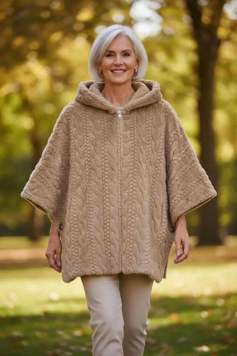 Kvinne i camel ponchojakke med hette